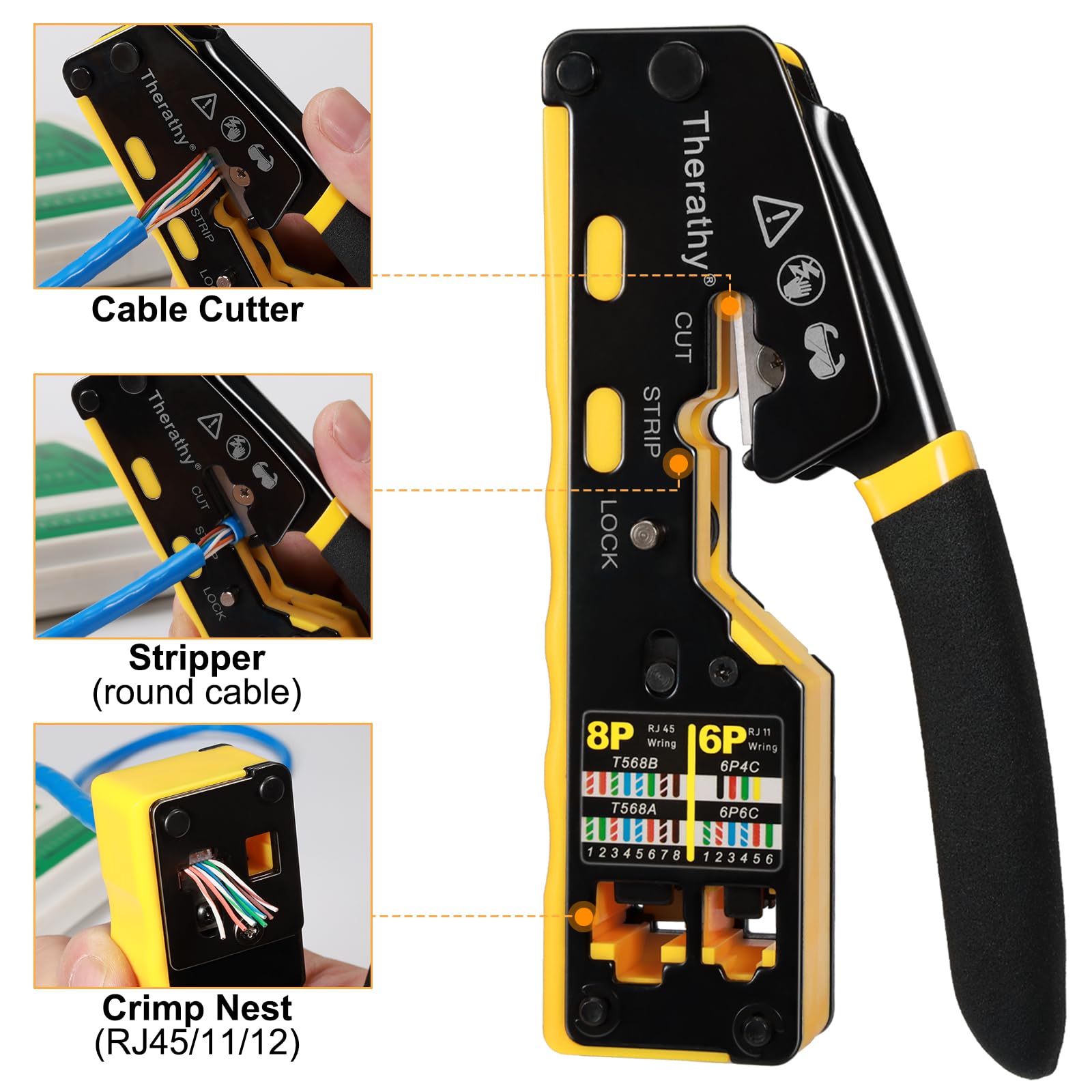 Therathy RJ45 crimp tool side view highlighting ergonomic handle and torque