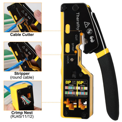 Therathy RJ45 crimp tool side view highlighting ergonomic handle and torque