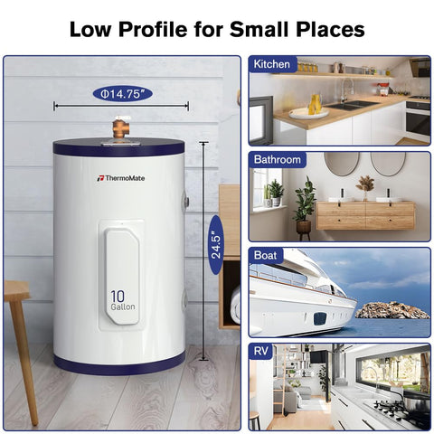 Thermomate ES1000 24.5 inch low-profile unit fits tight spaces under sink.