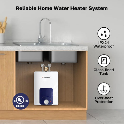 Compact design image shows the ThermoMate small tank saving cabinet and sink area.