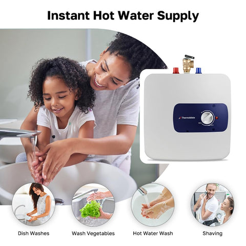 ThermoMate wall-mount option shows compact under-sink installation.