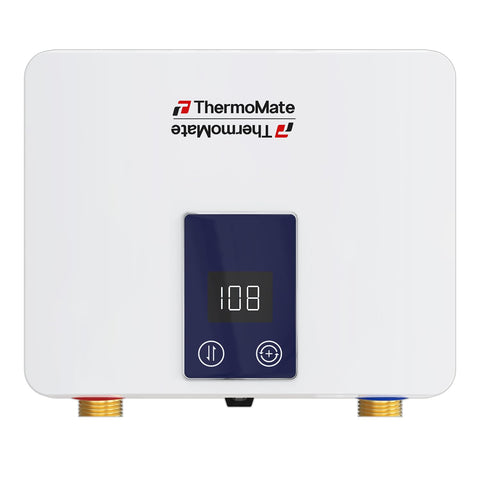ThermoMate tankless water heater front view with digital display for instant hot water
