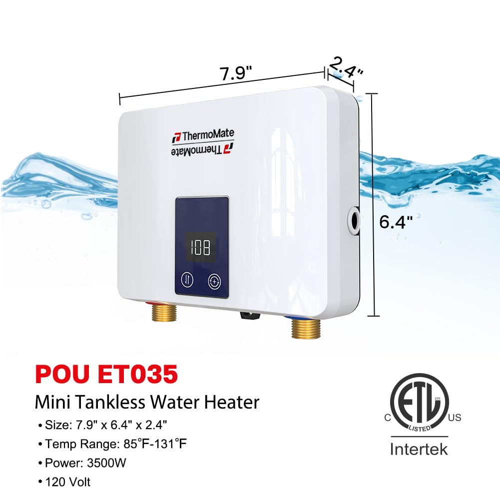 ThermoMate tankless water heater installation close-up showing compact under-sink size