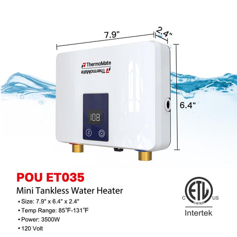 ThermoMate tankless water heater installation close-up showing compact under-sink size
