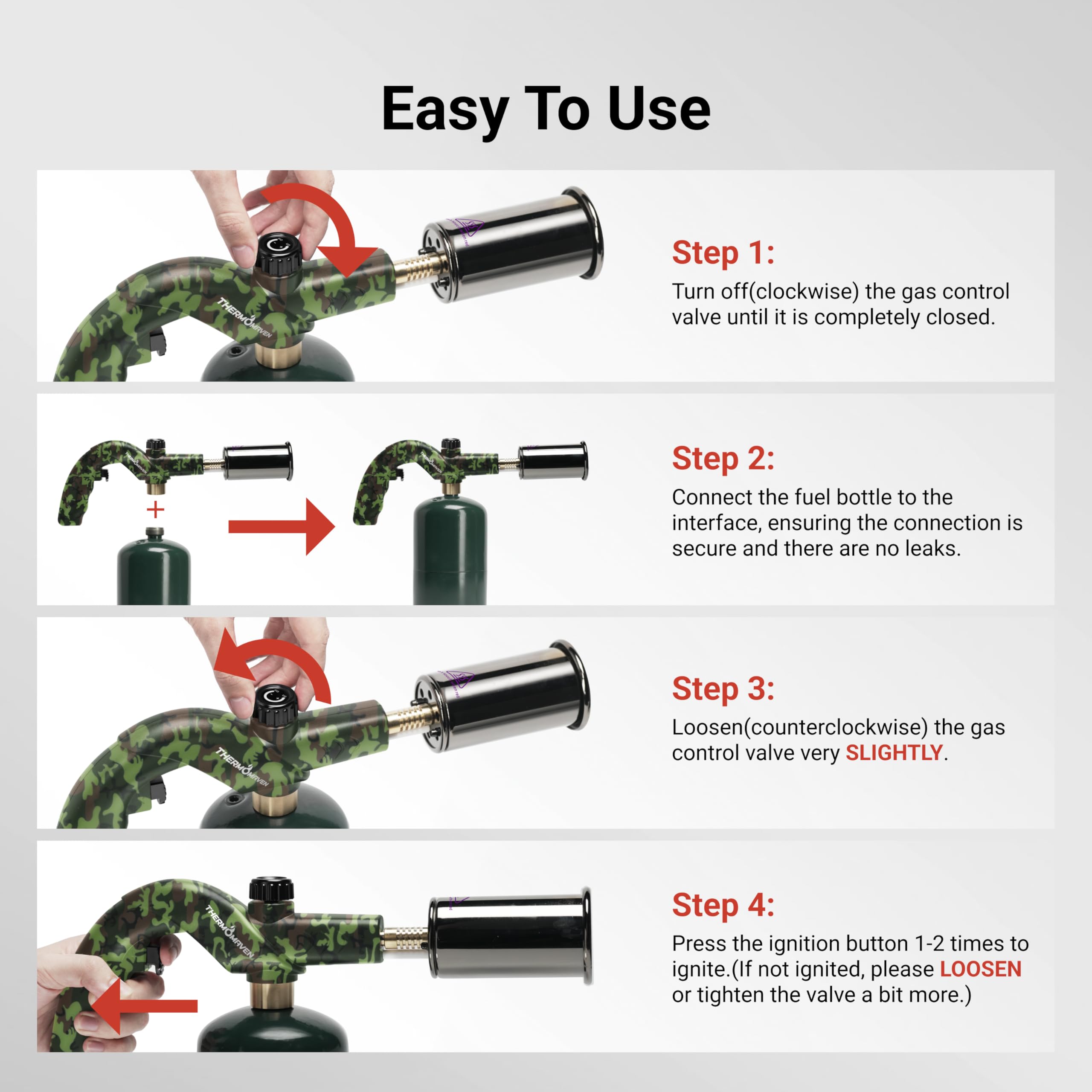 Copper gas tube and nickel-plated nozzle add durability to ThermoMaven torch.