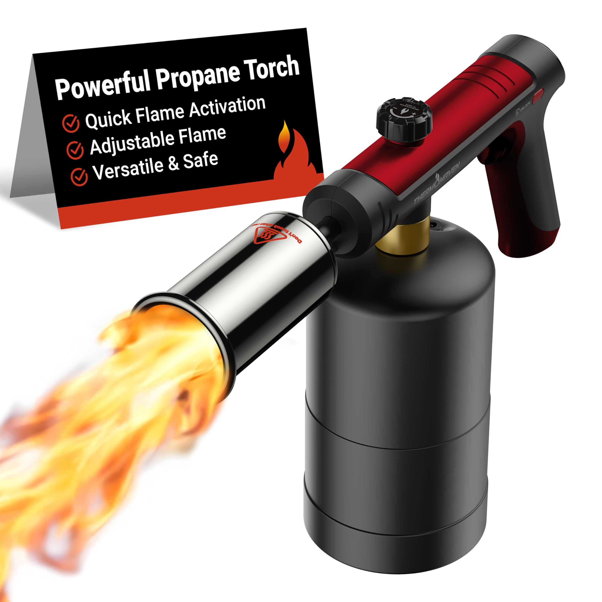 ThermoMaven propane torch with one-touch max fire for quick grilling.