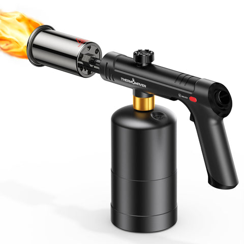 ThermoMaven propane torch with one-touch max fire for instant outdoor heat and grilling.