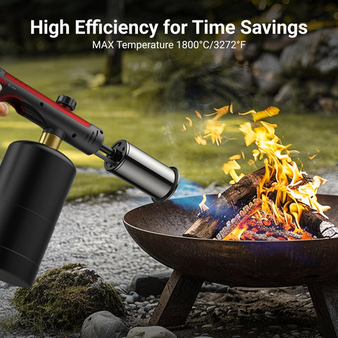 Outdoor kitchen setup featuring ThermoMaven torch for grilling and searing.