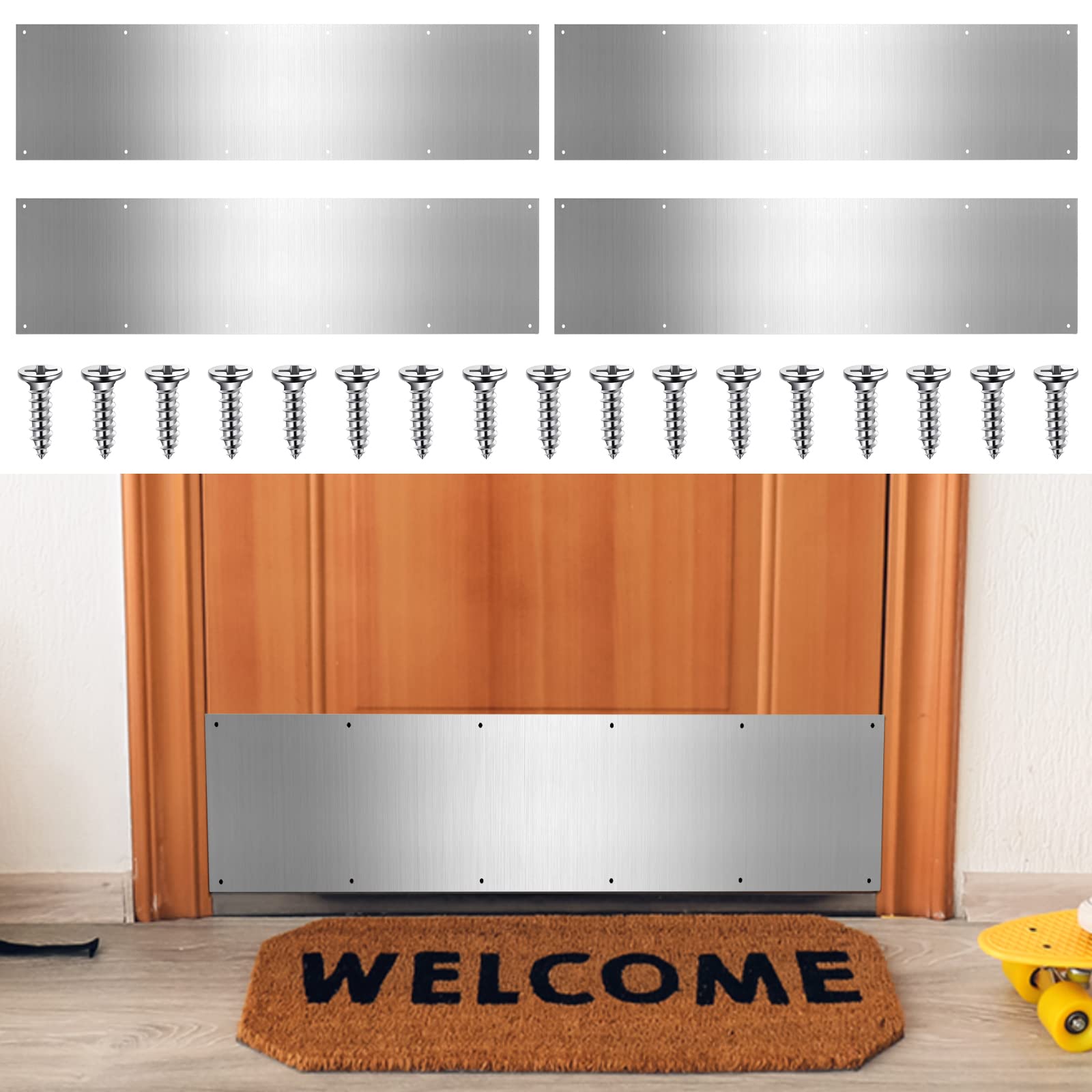 Therwen silver 36x8 door kick plate mounted on a door for scuff protection