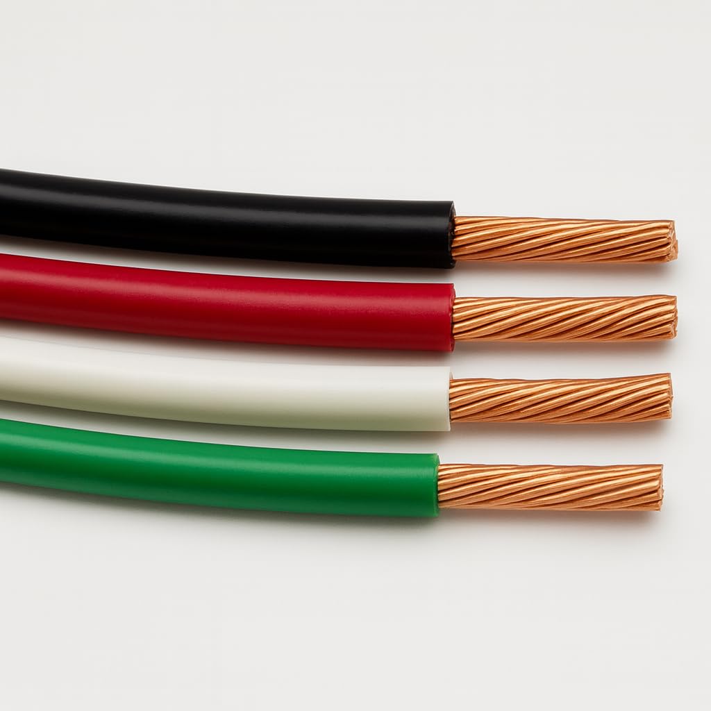 THHN wire set: 25ft 6AWG black, red, white for color-coded power identification.