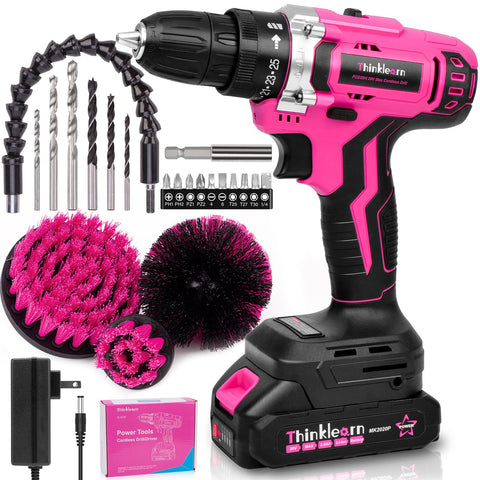 ThinkLearn 20V pink cordless drill set front view for versatile home projects.