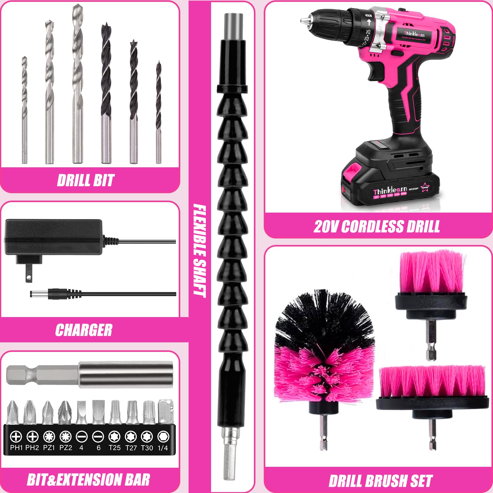 ThinkLearn 20V pink cordless drill in use on a wooden surface.