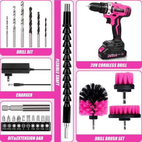 ThinkLearn 20V pink cordless drill in use on a wooden surface.