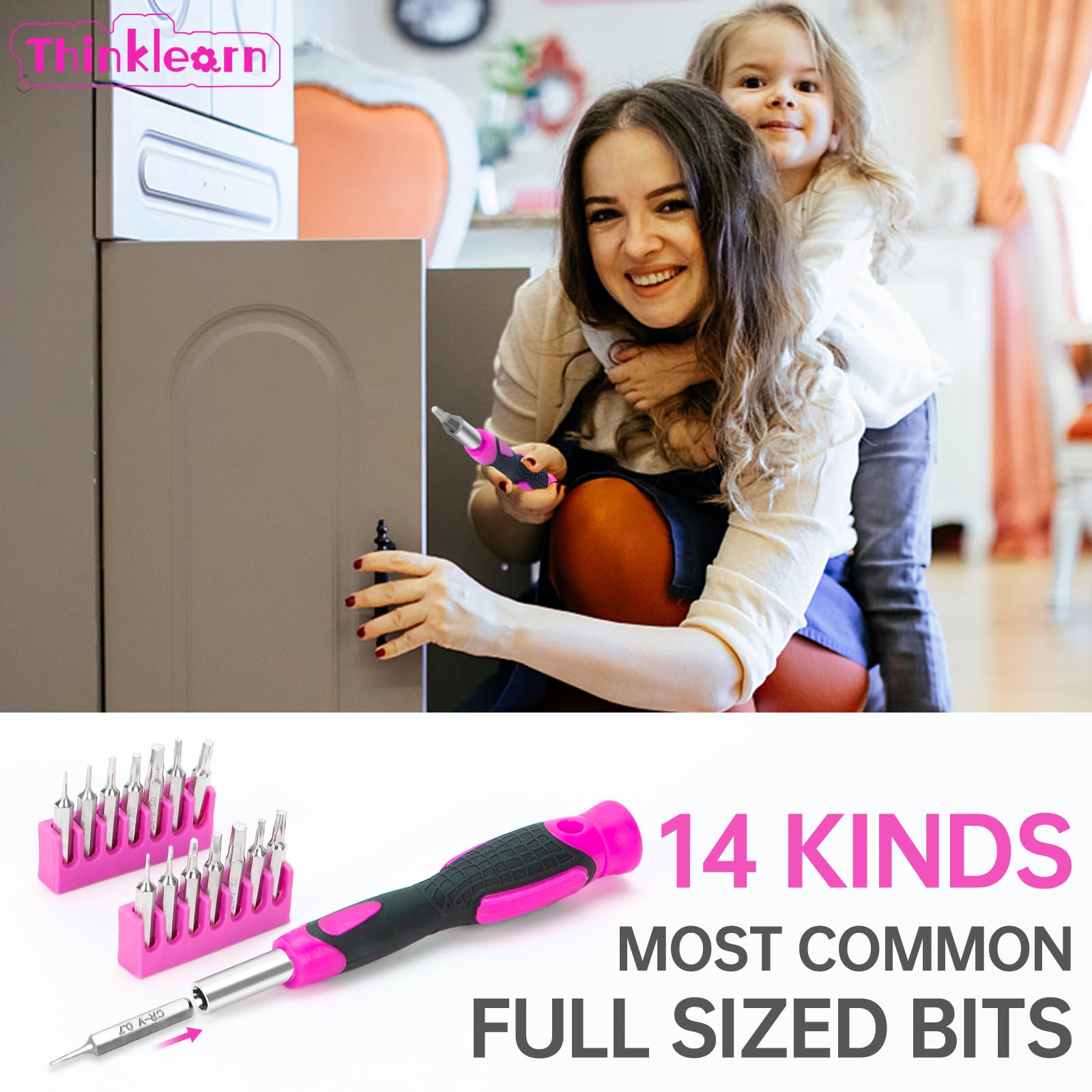 ThinkLearn 64-piece pink tool kit storage box organized and portable.