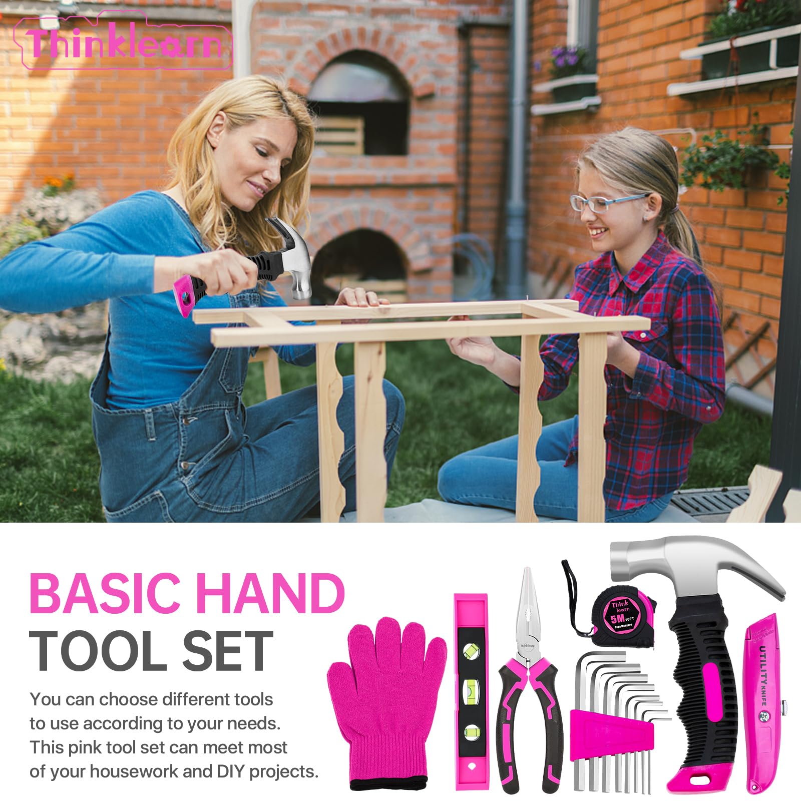 ThinkLearn 64-piece pink tools collection for DIY projects at home.