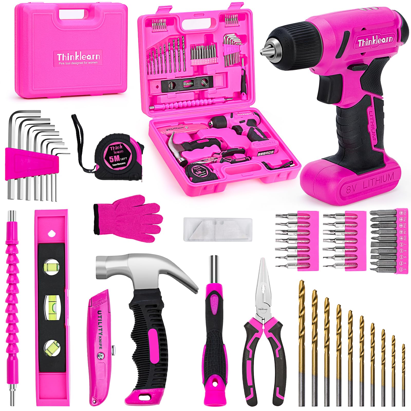 ThinkLearn 8V pink cordless drill box for easy storage.