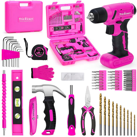 ThinkLearn 8V pink cordless drill box for easy storage.