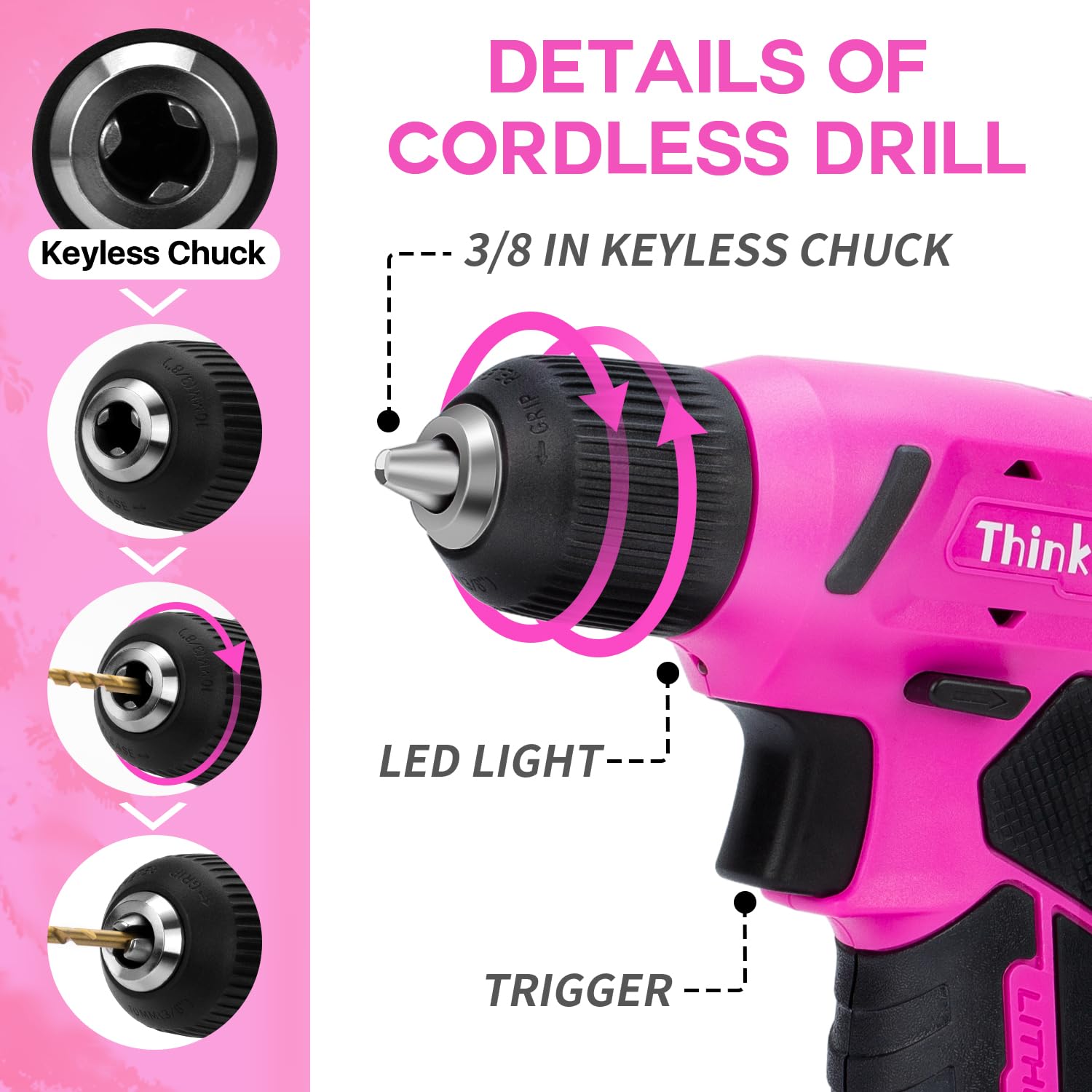 ThinkLearn 8V pink cordless drill chuck showing secure bit retention.