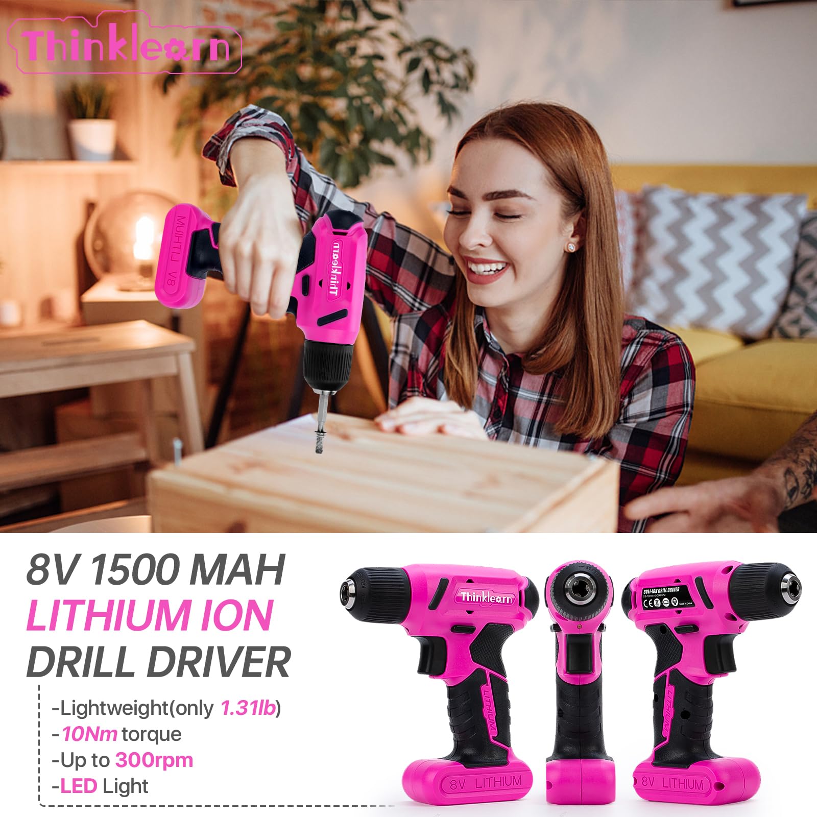 ThinkLearn 8V pink cordless drill handle close-up for comfortable grip.