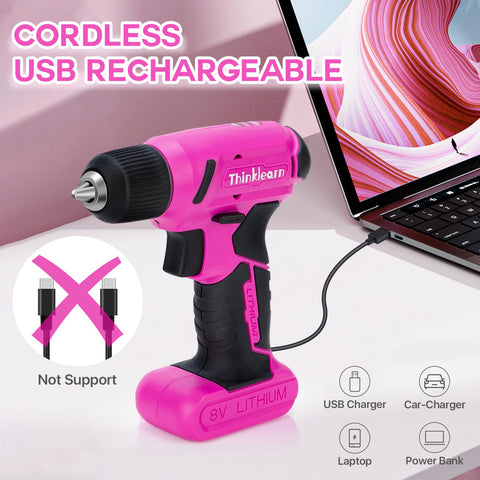 ThinkLearn 8V pink cordless drill LED work light for dark spaces.