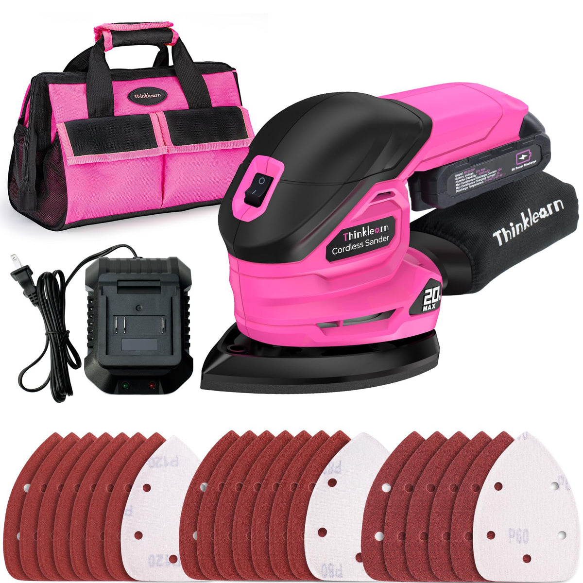 ThinkLearn cordless detail sander with compact grip for precise furniture refinishing.