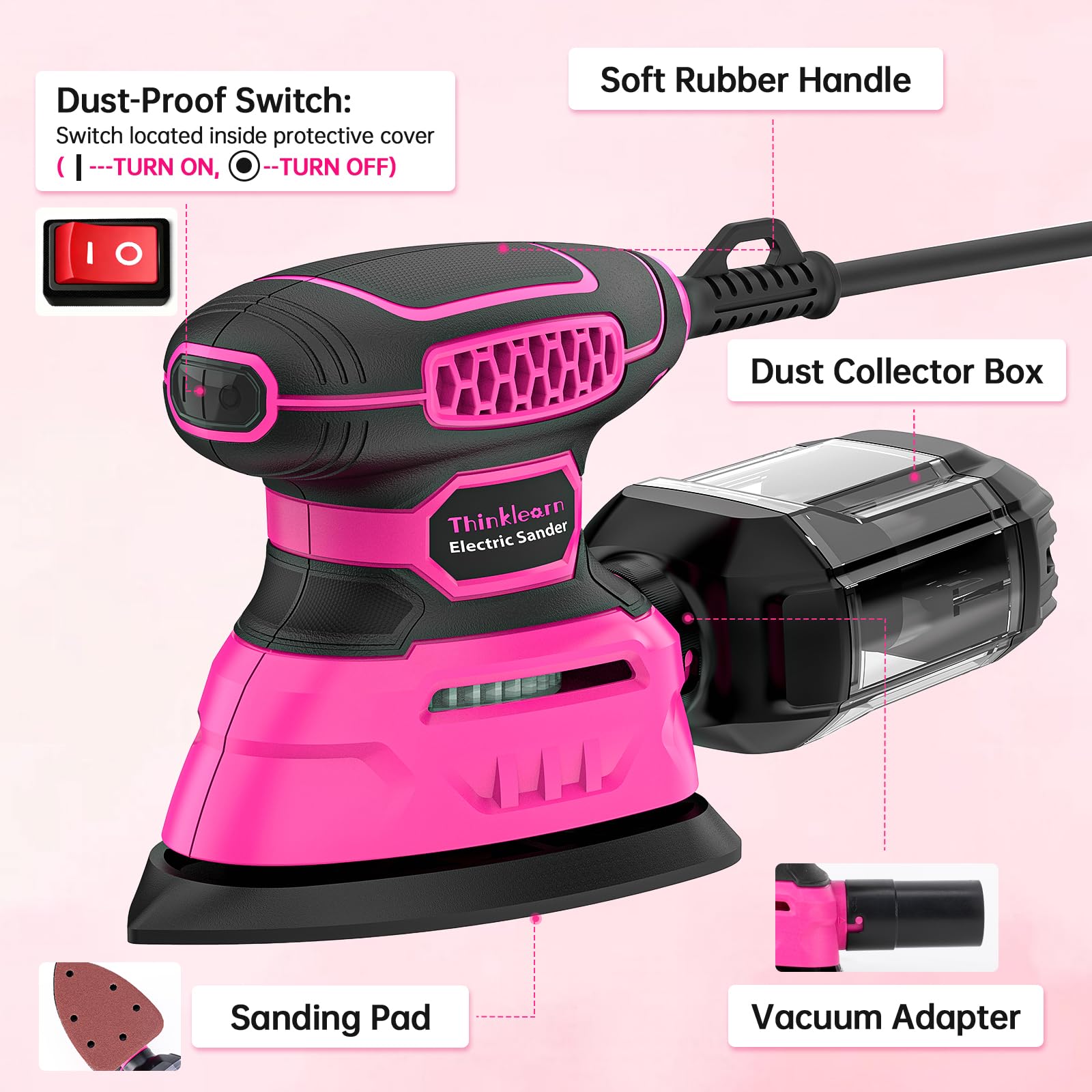 THINKLEARN Detail Sander dust box highlights cleaner workshop.