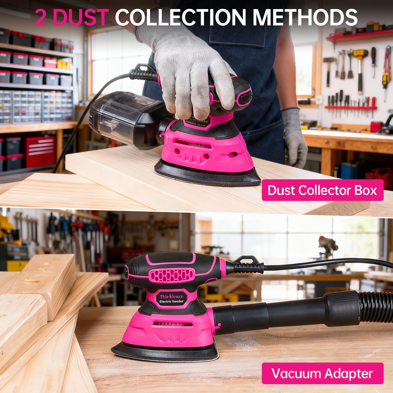 THINKLEARN Detail Sander with vacuum adapter ready for dust collection.