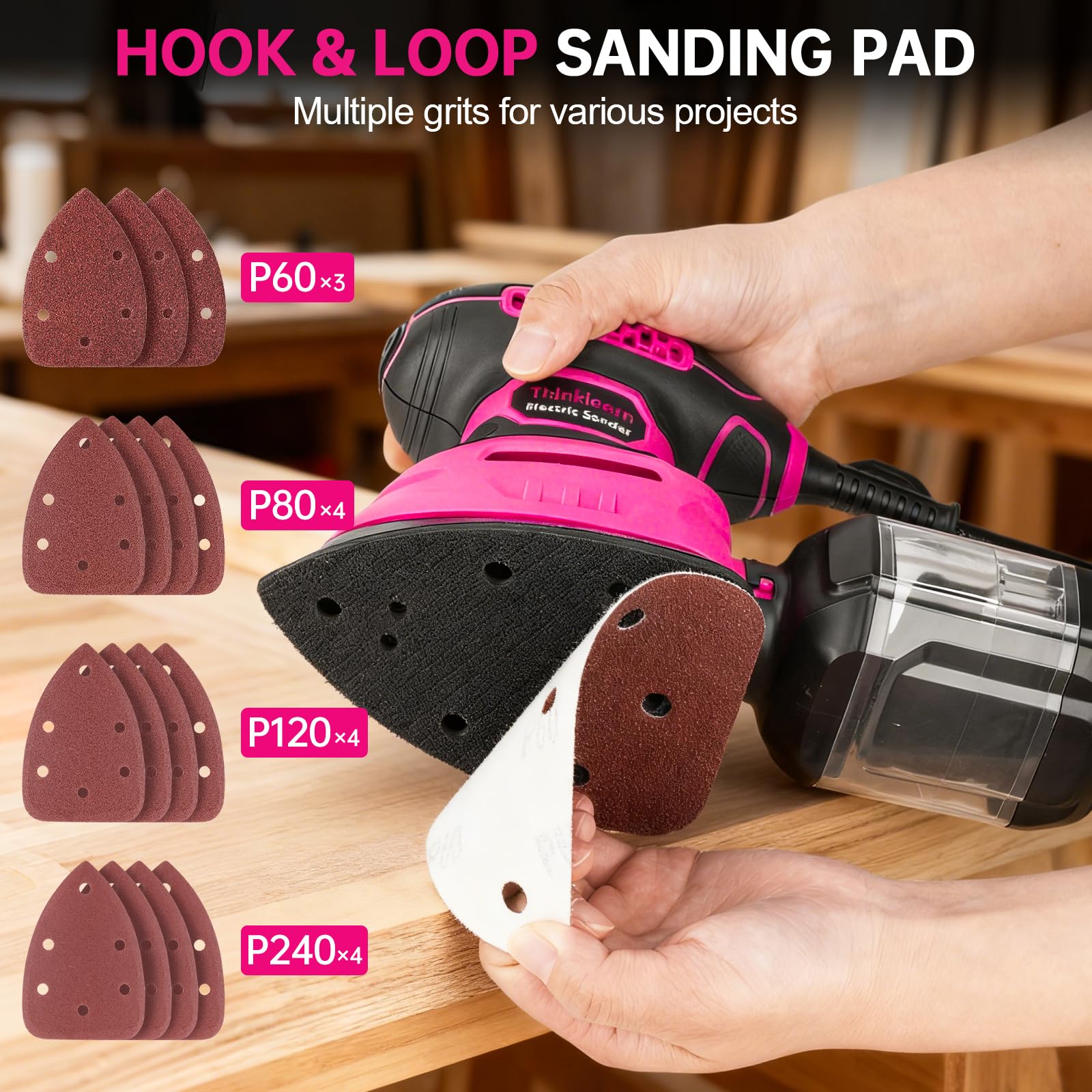 THINKLEARN Sander with hook-and-loop sheets for quick changes.