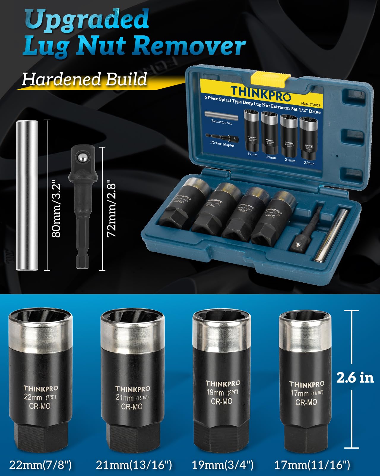 Thinkpro set includes 17, 19, 21, 22 mm lug nut extractors
