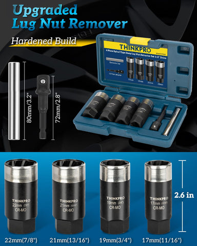 Thinkpro set includes 17, 19, 21, 22 mm lug nut extractors