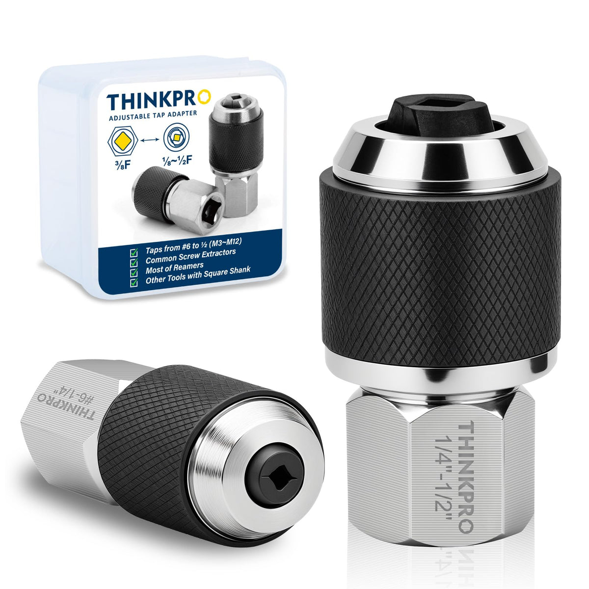 Thinkpro ratcheting tap socket set shown in compact design for fast threading in cramped spaces.