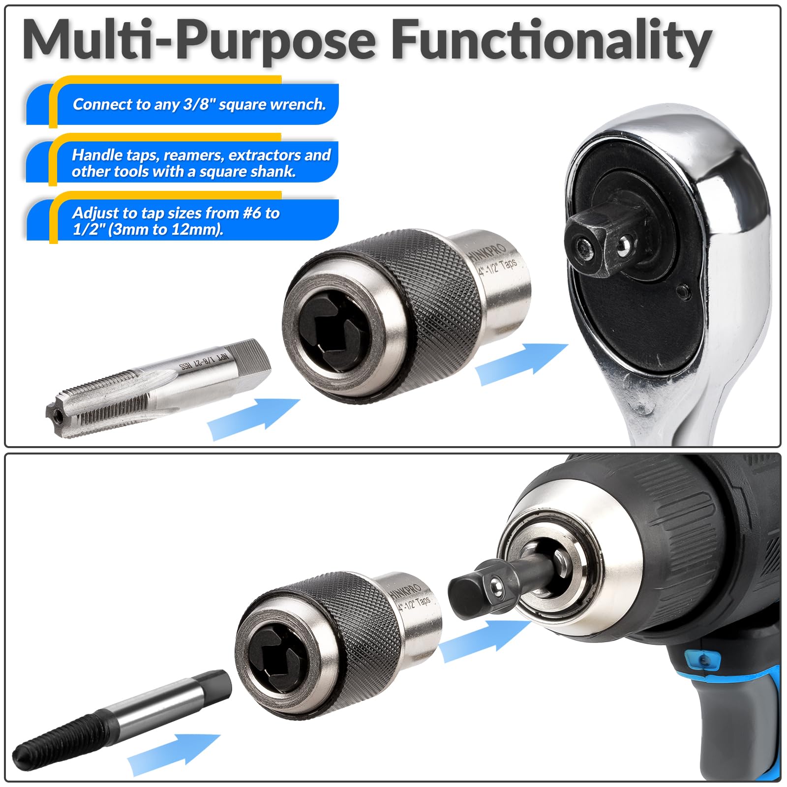 Thinkpro ratcheting tap socket small reaches cramped spots for precise tapping.