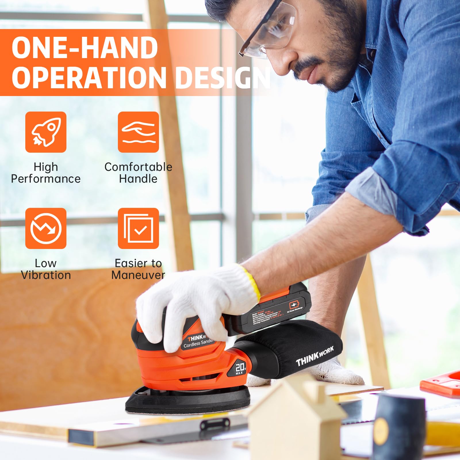 Thinkwork detail sander side view highlighting comfortable one-handed operation.