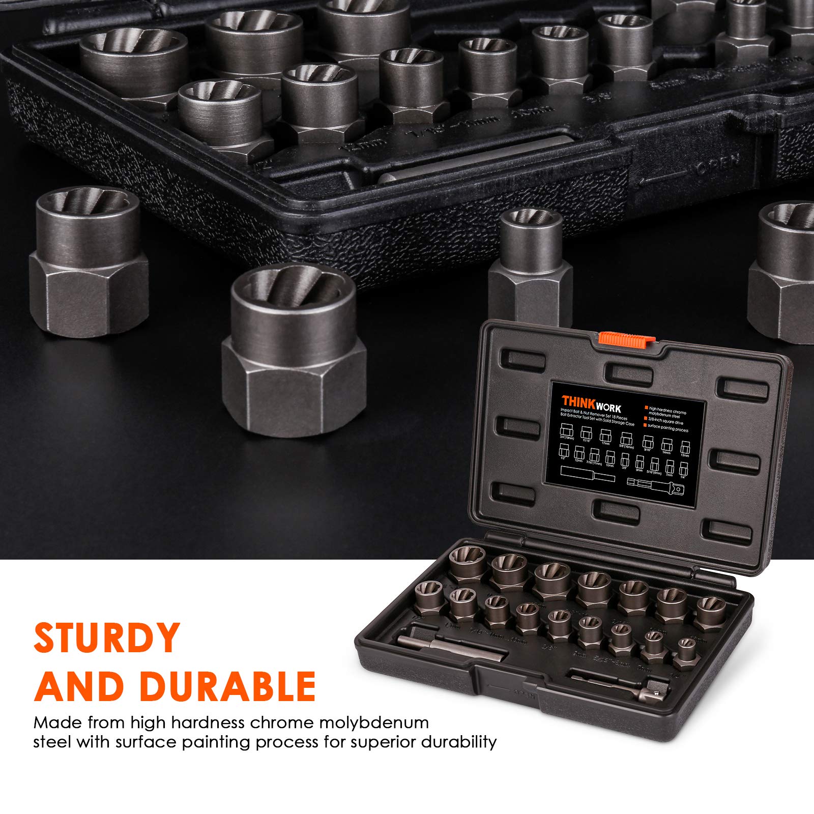 THINKWORK Bolt Extractor Kit 3/8-drive close-up showing strong grip on rounded bolts