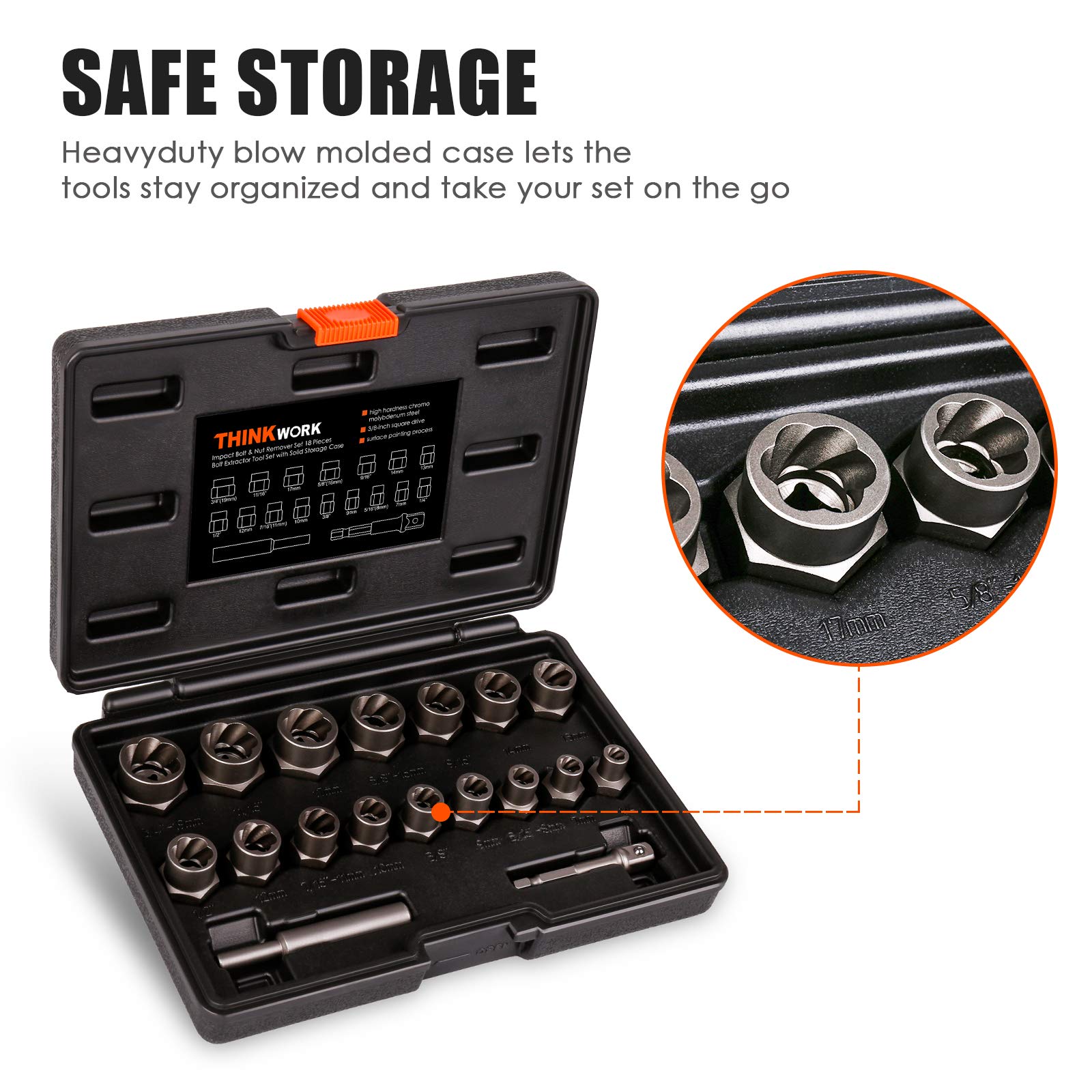 THINKWORK Bolt Extractor Kit blow-molded case keeps tools organized