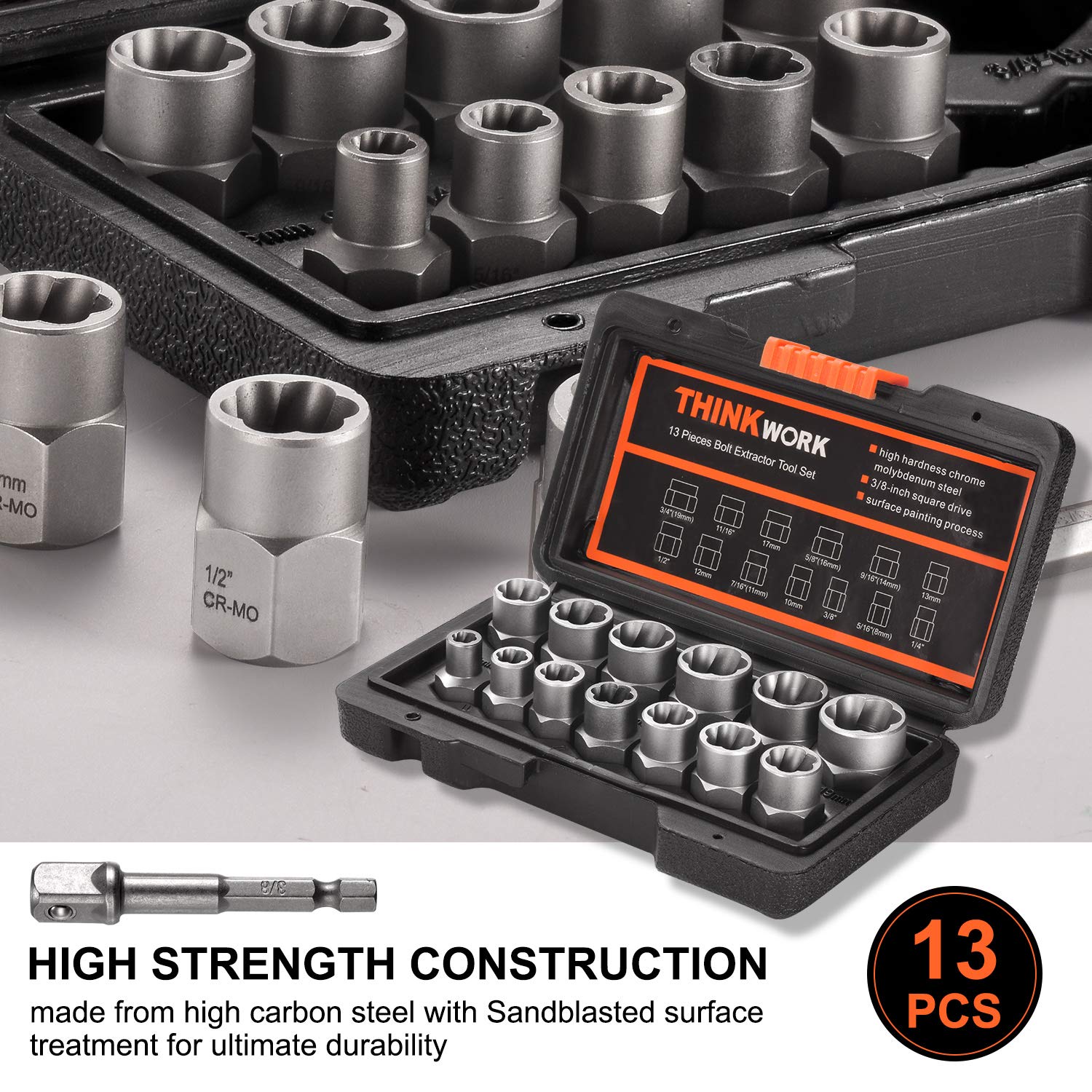 THINKWORK Bolt Extractor Kit close-up on fluted extractor design for tough bolts