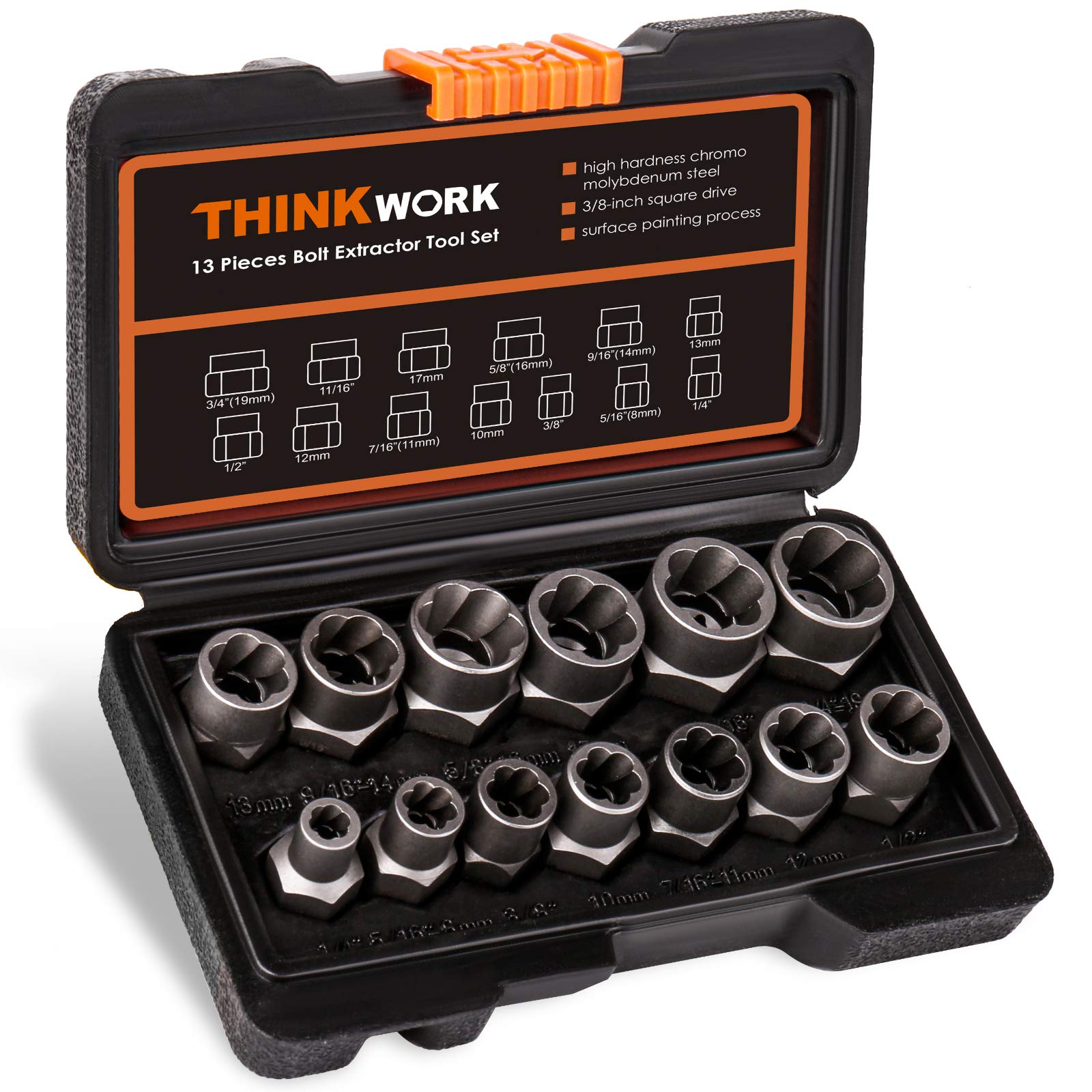 THINKWORK Bolt Extractor Kit open case showing organized tools for fast repairs