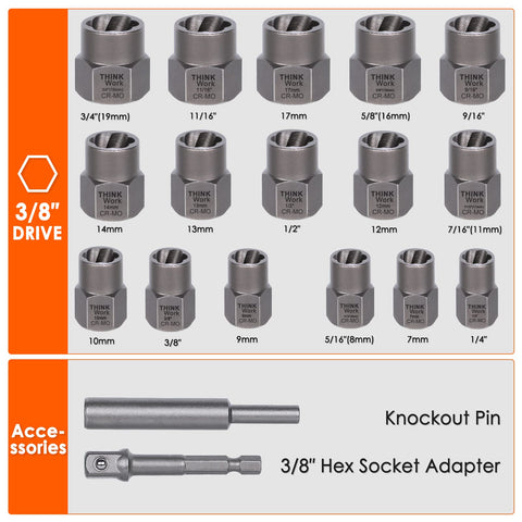 THINKWORK Bolt Extractor Kit sizes display range from 1/4 to 3/4 inch