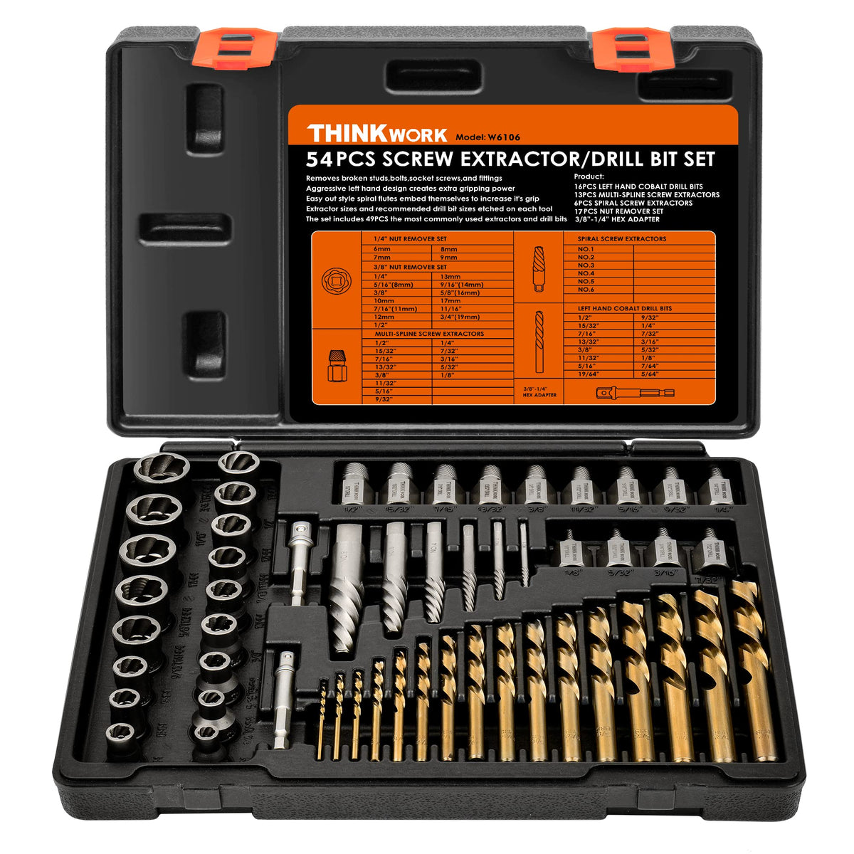 THINKWORK broken bolt extractor kit in case for quick project organization and portability.