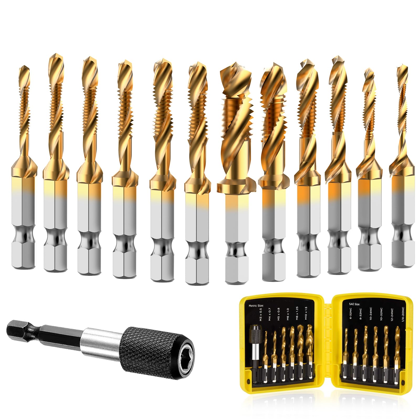 Thinkwork combination drill tap bits set with quick-change adapter for efficient drilling and threading.