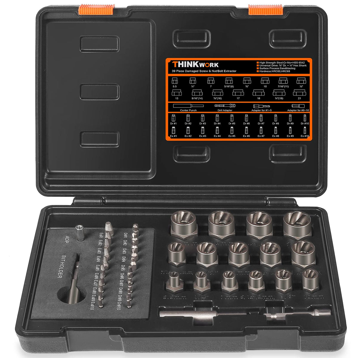 THINKWORK damaged-screw-extractor-set case open, ready for on-site bolt removal.