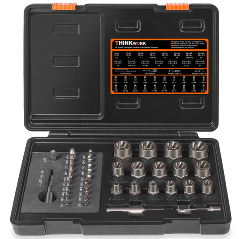 THINKWORK damaged-screw-extractor-set case open, ready for on-site bolt removal.
