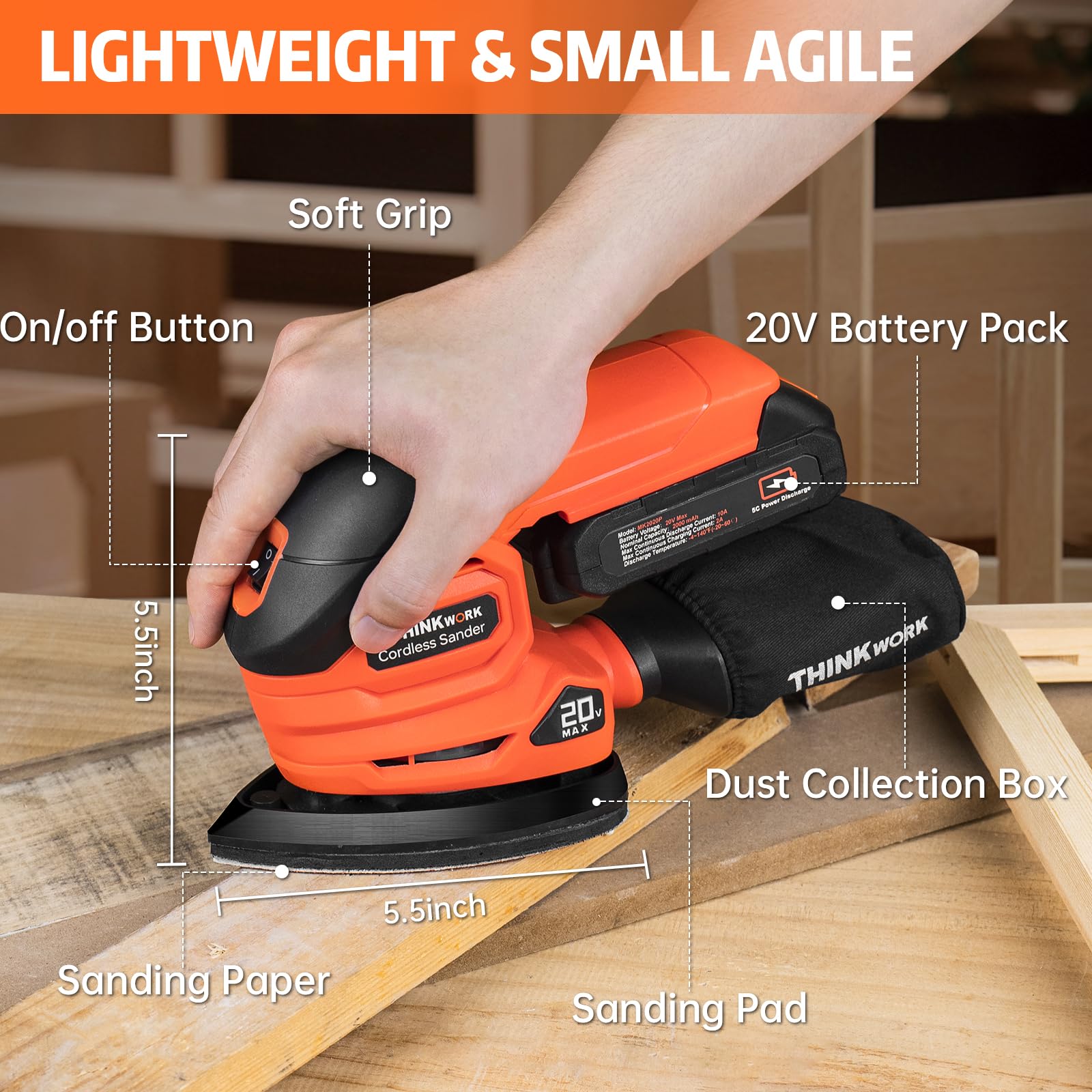Thinkwork detail sander dust collection bag in action for cleaner workspaces.