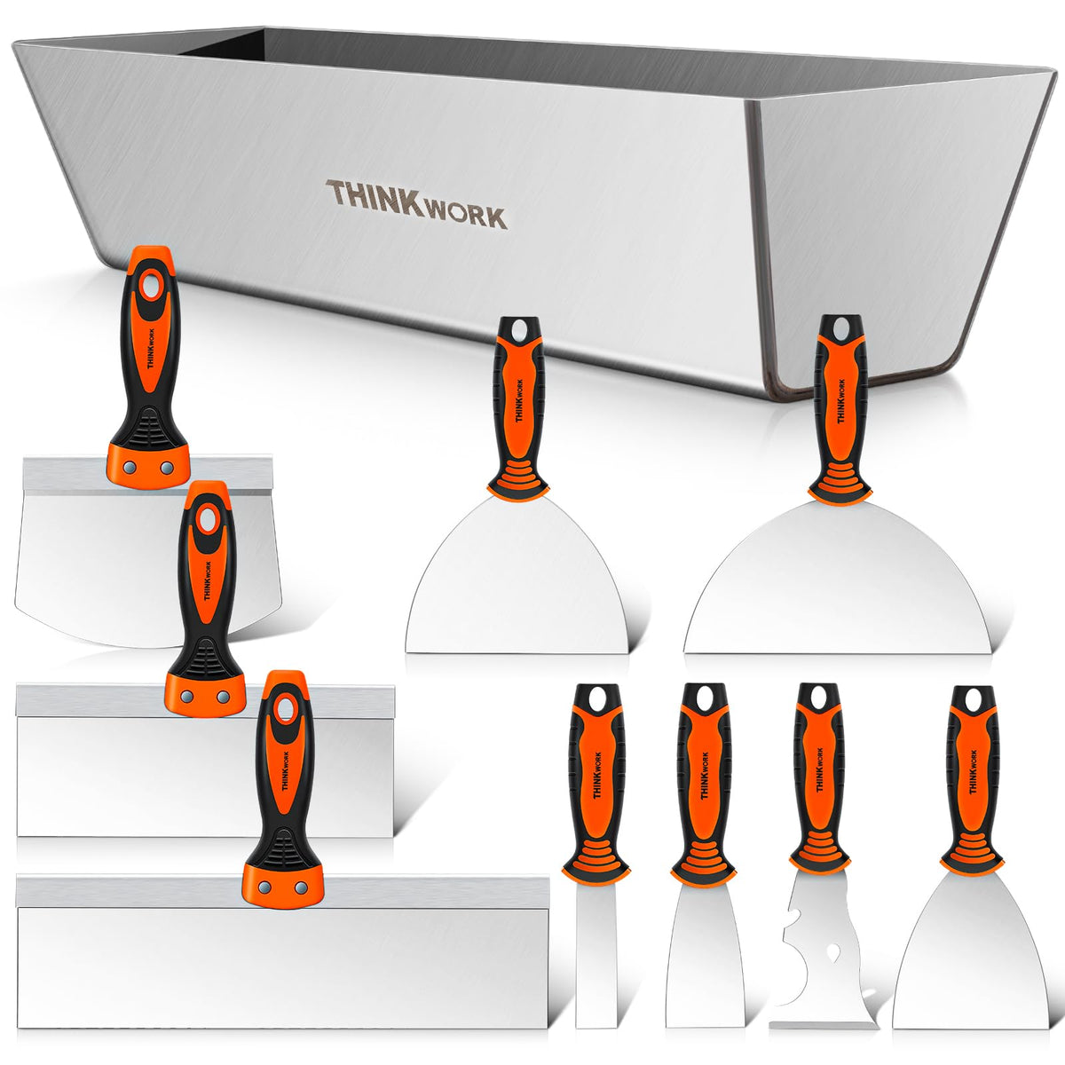 ThinkWork drywall knife set contents shown for versatile renovation tasks