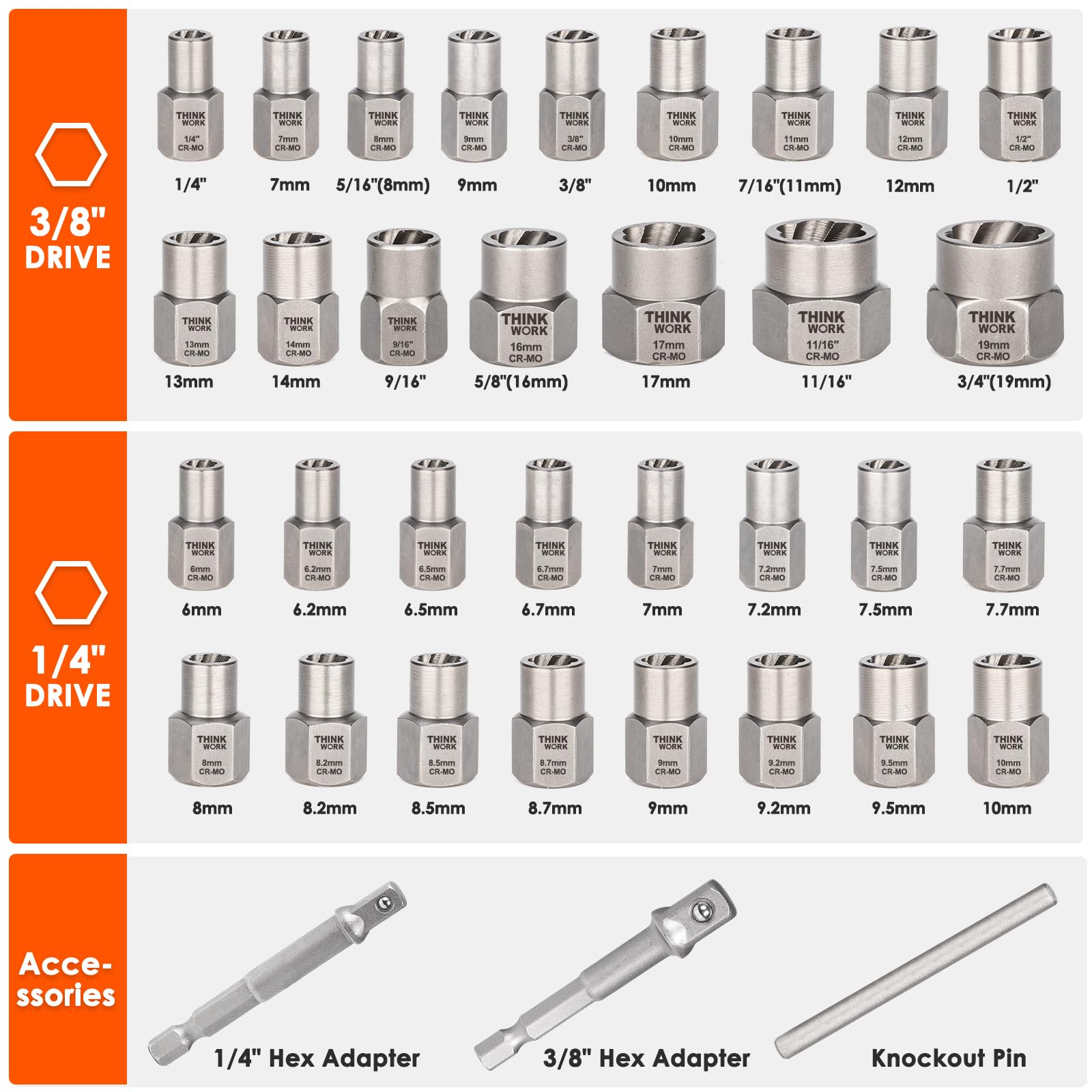 THINKWORK Easy Out Bolt Extractor Kit layout shows 35 pieces for versatility