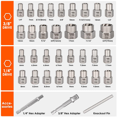 THINKWORK Easy Out Bolt Extractor Kit layout shows 35 pieces for versatility
