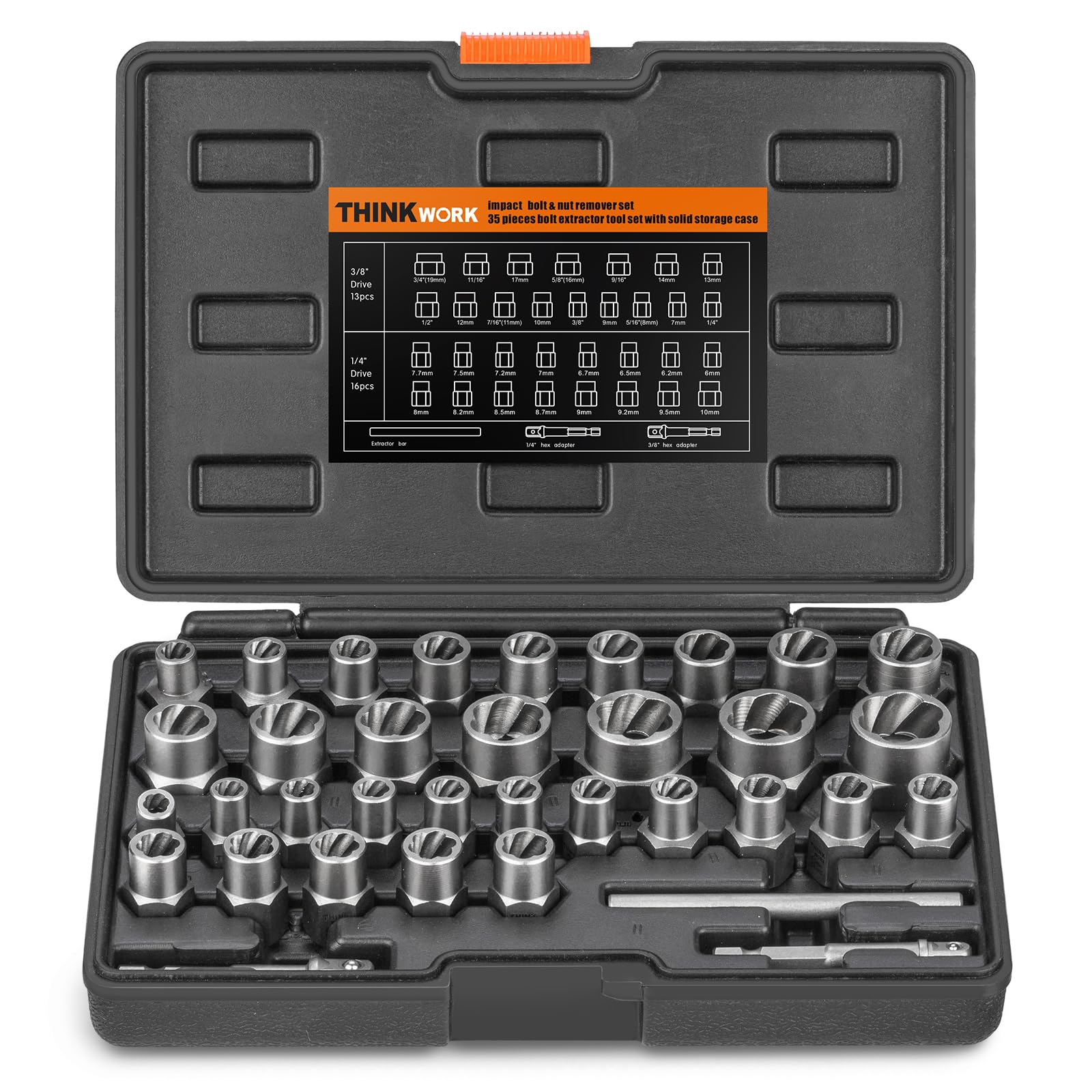 THINKWORK Easy Out Bolt Extractor Kit in case keeps tools organized for quick bolt removal