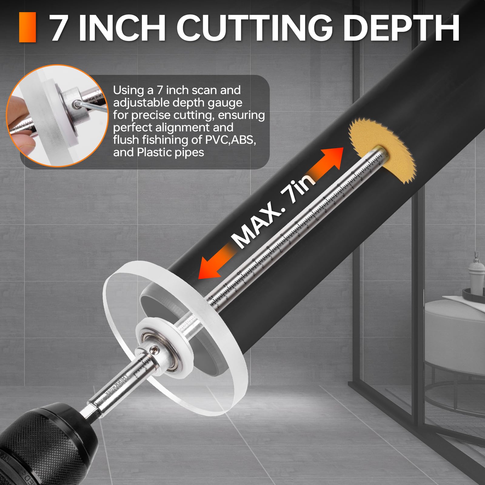 Thinkwork Inside Pipe Cutter depth scale demonstrates seven-inch reach for tight installations.