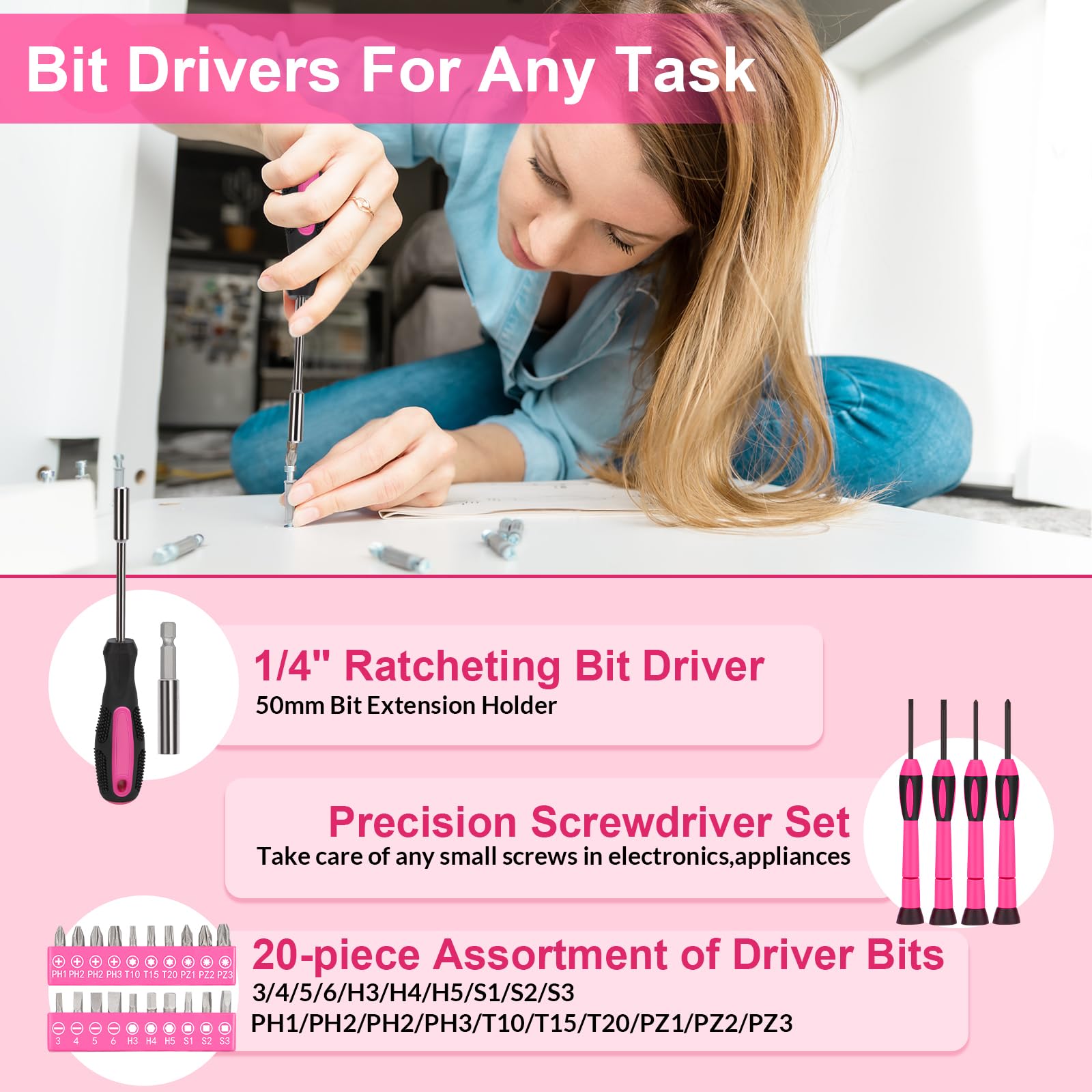 THINKWORK pink screwdriver bits, 20-piece set for versatile fasteners.