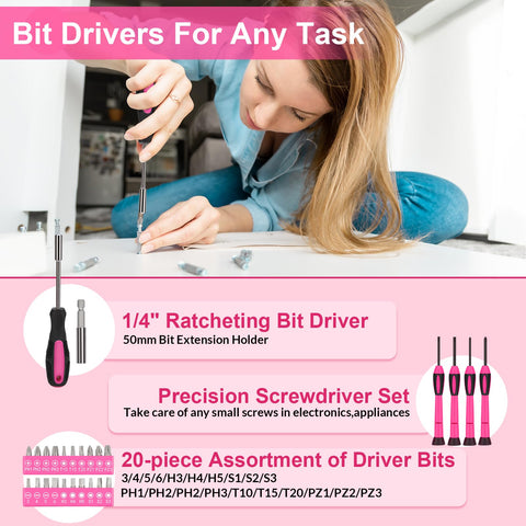 THINKWORK pink screwdriver bits, 20-piece set for versatile fasteners.